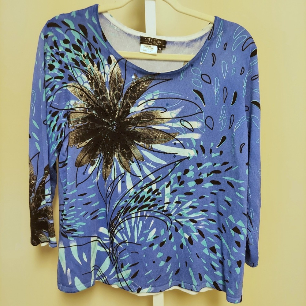 City Girl Nancy Bolen Blue Abstract Floral Beaded Knit Top XL Art to Wear Quirky
